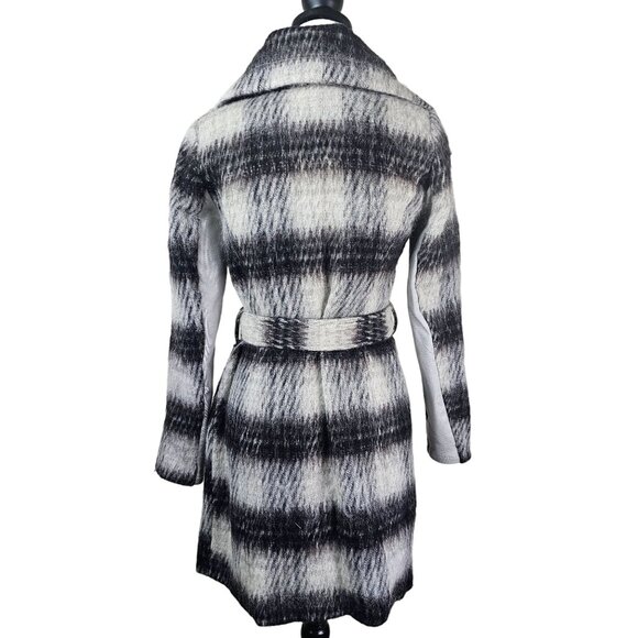 BCBGeneration Black Plaid Wool Wrap Coat Sz XS Belted Shawl Collar Mid-Length - Picture 4 of 14